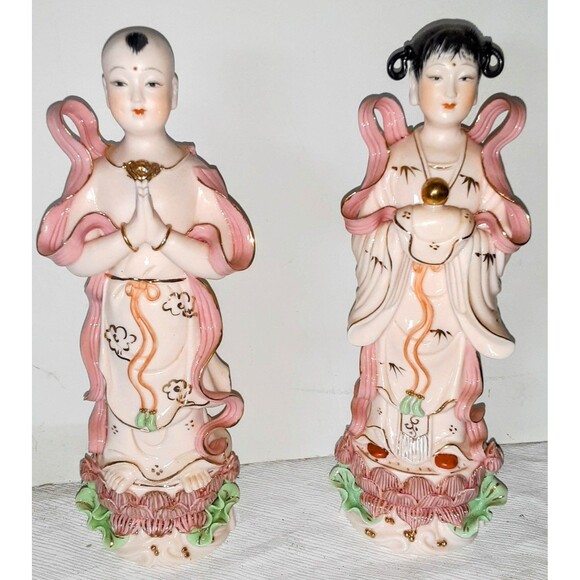 Pair 7" Signed Dehua Porcelain Sudhana Dragon Girl Golden Boy Jade Girl Statues